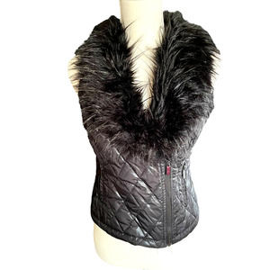 Cache Womens Fur Quilted Vest  Full Zip Sleeveless Size S Black